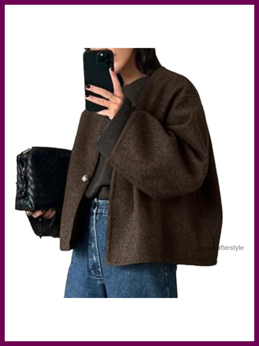 Wool Blend Cropped Peacoat Collarless V-Neck Button Overcoat
